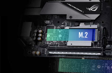 Top view of PCIe zone of this motherboard, showing heatsink for M.2 module and with dual M.2 slots highlighted