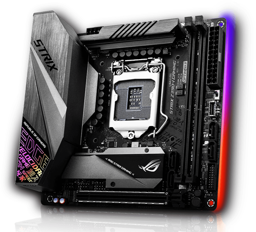 Front right side angle view of the ASUS ROG Strix Z390-I Gaming motherboard, with edge RGB LED lit on