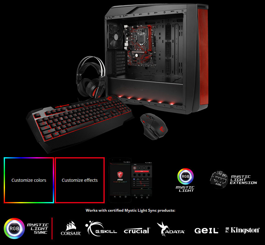 MSI B360M GAMING PLUS Motherboard Installed in a Case That's Angled to the Right Next to a Keyboard, Headset and Mouse. Below These products are various logos and text including: Customize colors, customize effects, Mystic Light Sync, Mystic Light Extension, Corsair, G.Skill, Crucial, ADATA, GeIL and Kingston