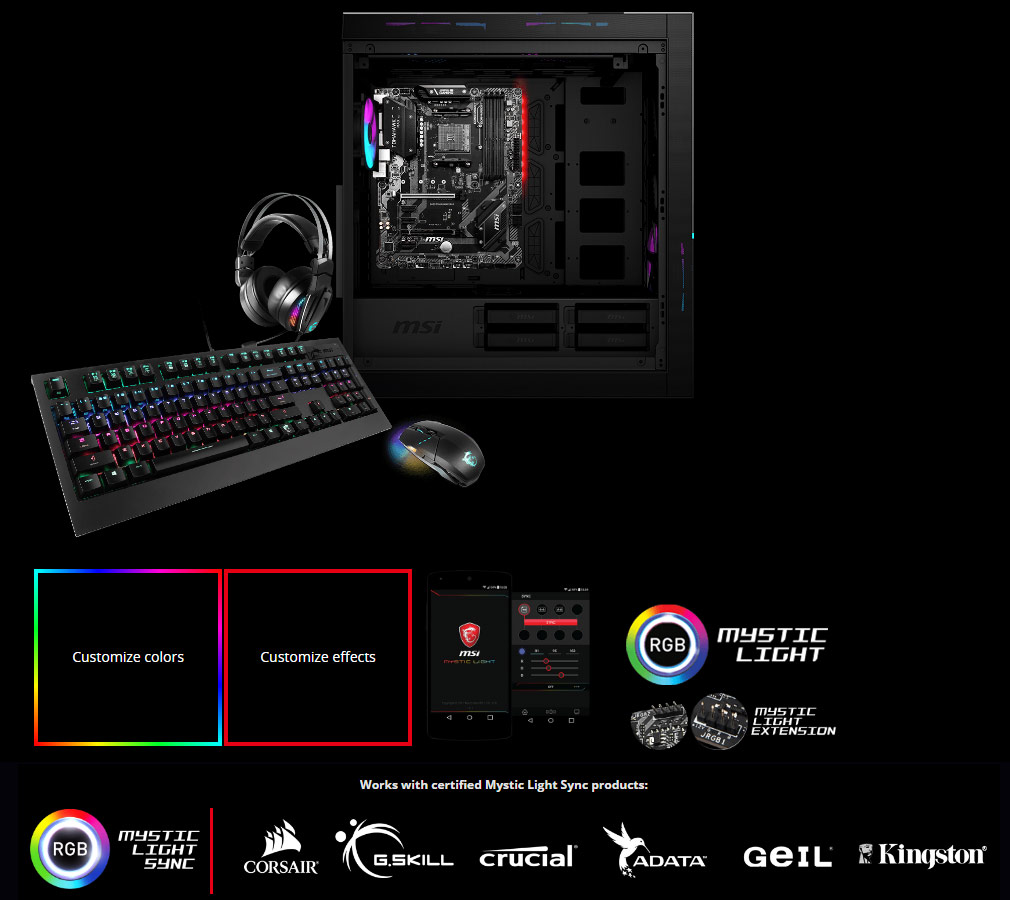 inside of the case, RGB icon, corsair logo, G.skill logo, Crucial logo, adata logo, geil logo, kingston logo