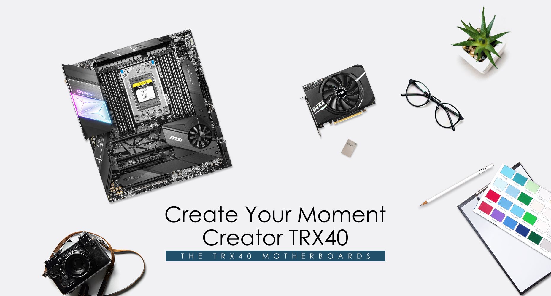a motherboard, a video card, a glasses a camera and a pencil
