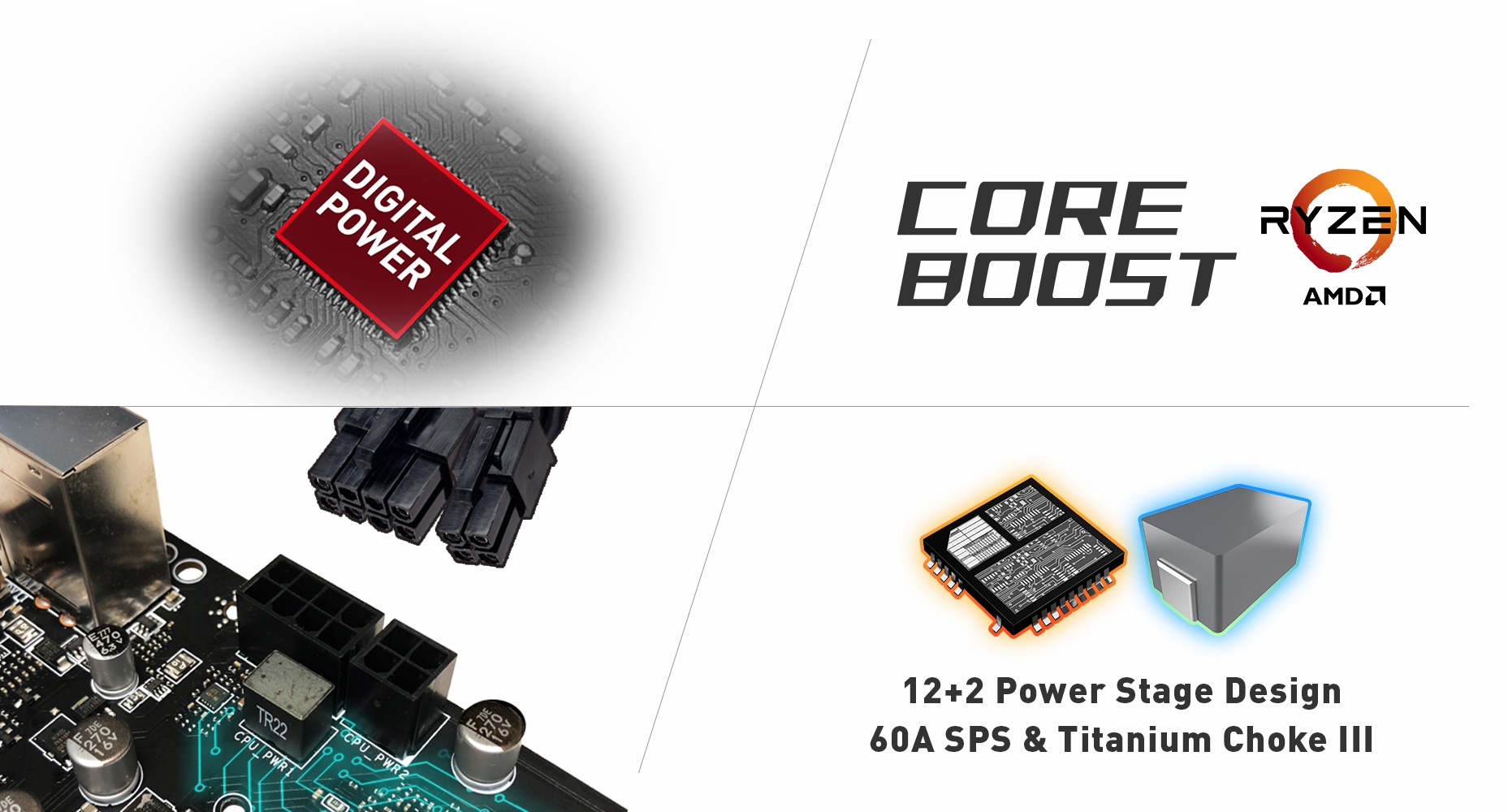 digital power icon, coreboost logo, port of motherboard and 12+2 power stage design