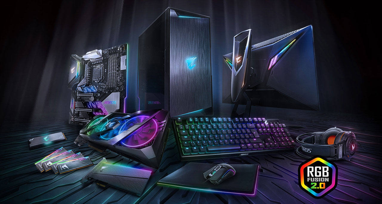  A variety of RGB gaming gears, including motherboard, case, monitor, memory, graphic card, sound card, keyboard, mouse, laptop computer, headset, and M.2 SSD 