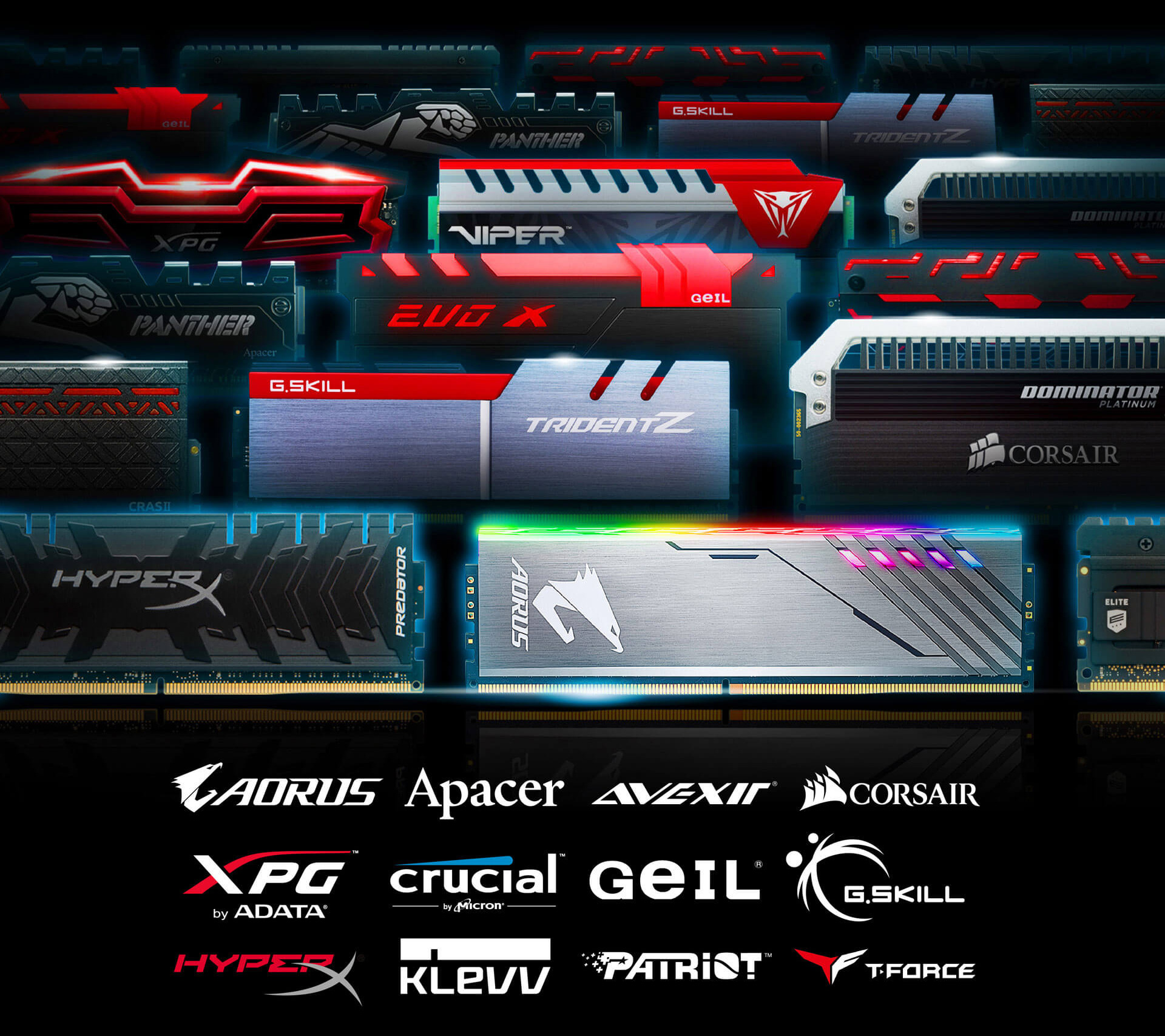 Various Brands of Desktop Memory Sticks and Brand Logos for: AORUS, Apacer, AVEXIR, Corsair, XPG by ADATA, Crucial by Micron, GeIL, G.Skill, HyperX, KLEVV, Patriot, T-Force