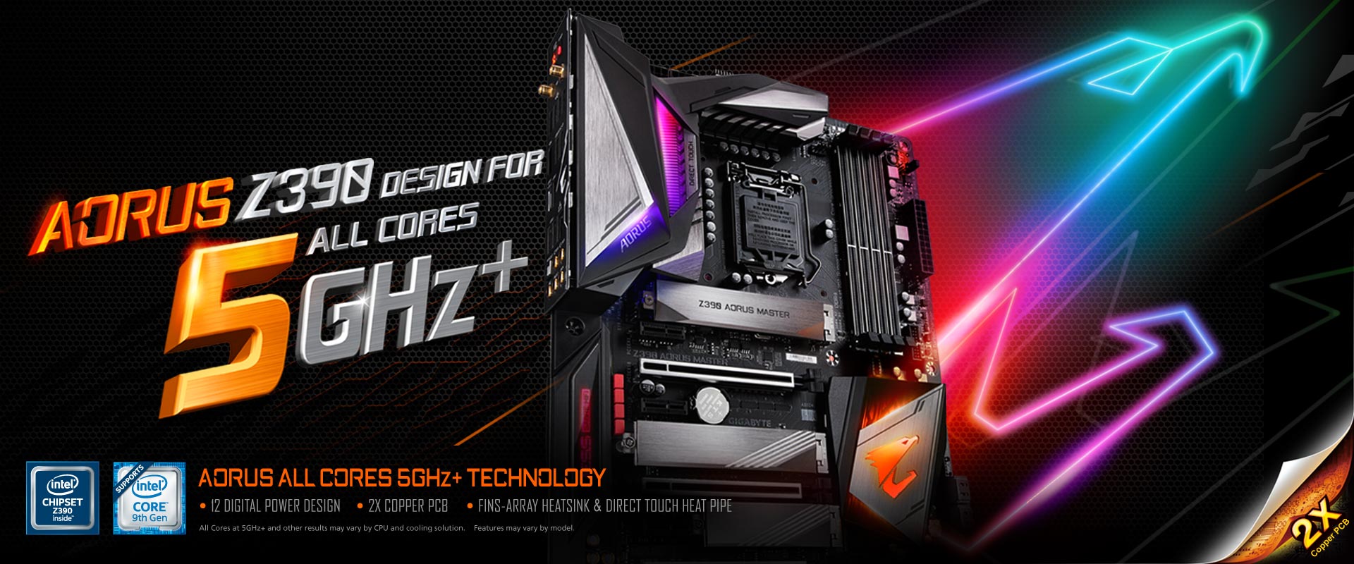 AORUS Z390 Motherboard Banner Showing the Product Intel Core Badges and Text That Reads: DESIGN FOR ALL CORE 5GHz+ - AORUS ALL CORES 5GHz + Technology - 12 Digital Power Design - 2X Cooper PCB - Fins-Array Heatsink & Direct Touch Heat Pipe - All cores at 5GHz+ and other results may vary by CPU and cooling solution. Features may vary by model.