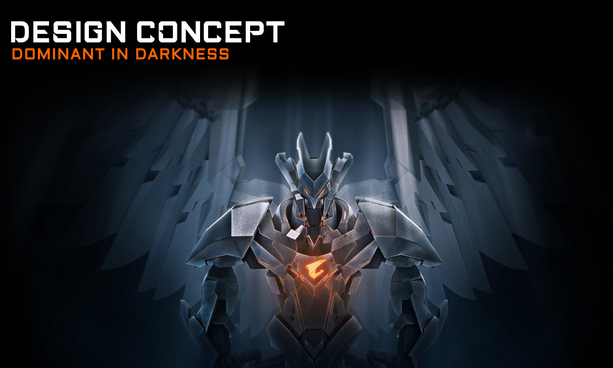 Graphic Art Showing a Metal Armored Winged AORUS Mascot with a Glowing AORUS Emblem on Its Chest, Text Above Reads: DESIGN IN CONCEPT - DOMINANT IN DARKNESS