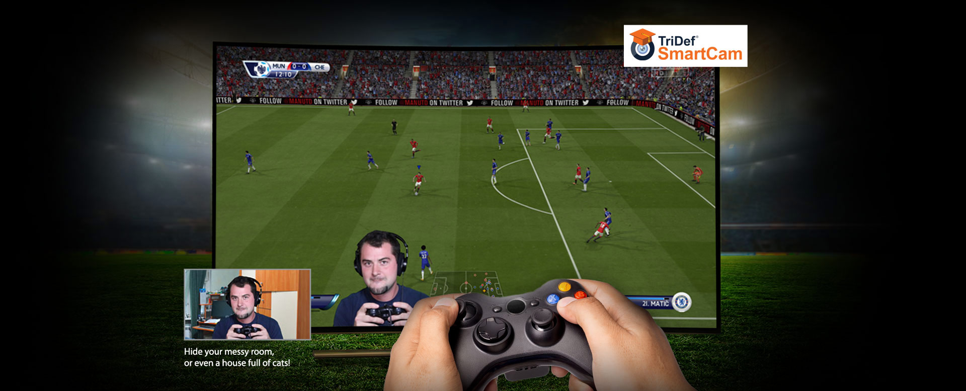 Xbox 360 Controller in Front of a Soccer Game on Screen and a Shot of the Streamer That Is Playing It