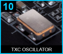 Closeup of the motherboard's TXC oscillator