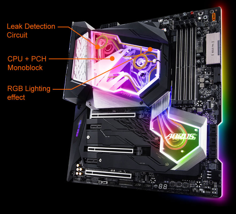 z390 motherboard with text that points and reads to leak detection circuit, CPU+PCH Monoblock and RGB lighting effect