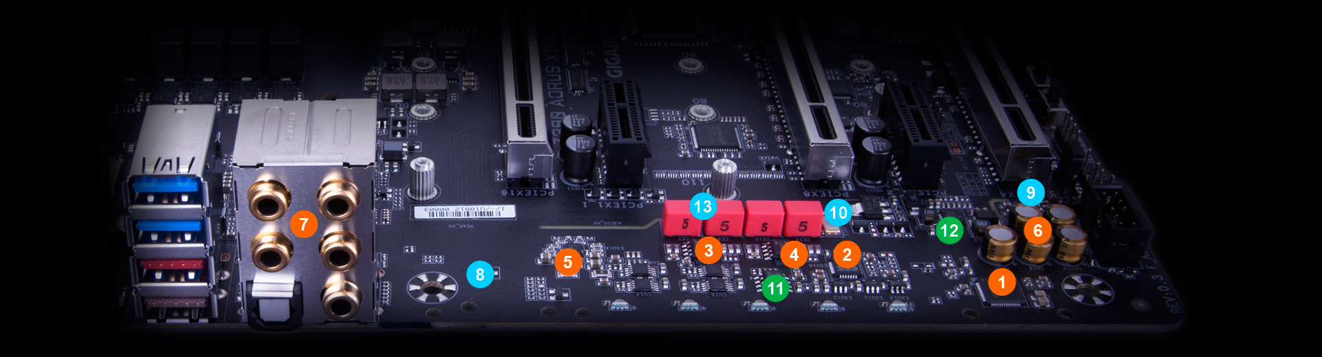 Closeup of the motherboard showing audio signal components