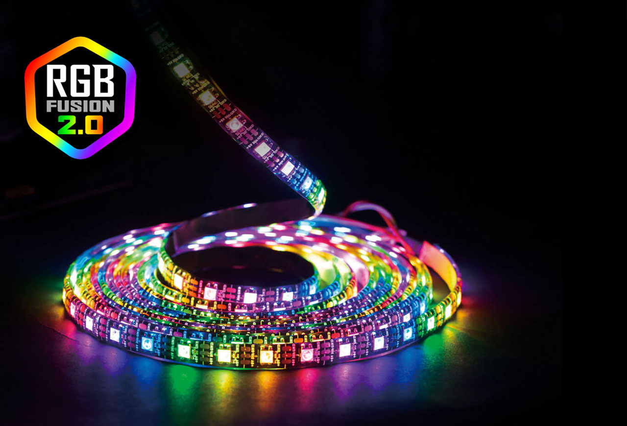  A coil of RGB LED strip, with a logo of RGB Fusion 2.0 on the left 