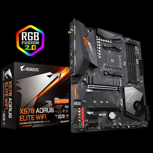 GIGABYTE X570 Motherboard Next to Its Product Box and the RGB FUSION 2.0 Badge