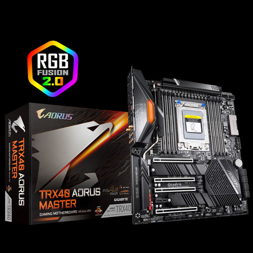 TRX40 AORUS MASTER Motherboard Next to Its Product Box and the RGB FUSION 2.0 Badge