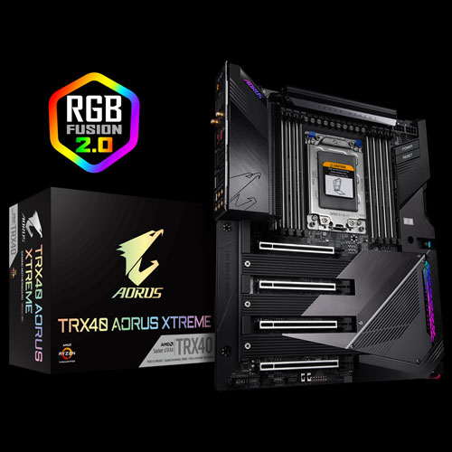 TRX40 AORUS MASTER Motherboard Next to Its Product Box and the RGB FUSION 2.0 Badge