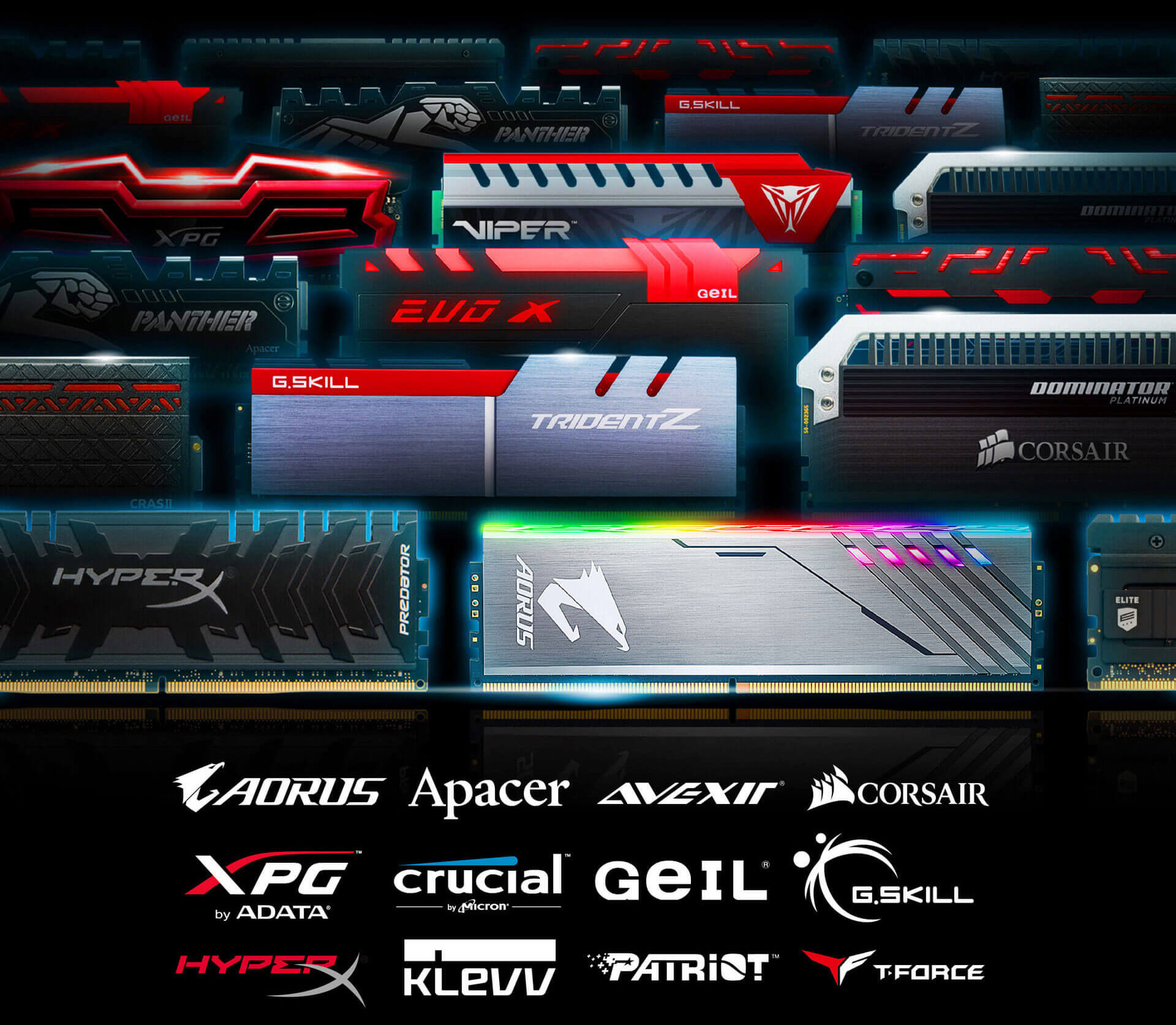 ddr, many different brand  of DDR4 as background, aorus, apacer, corsair, XPG, crucial, geil, g.skill, hyper, klevv, patriot, t.force