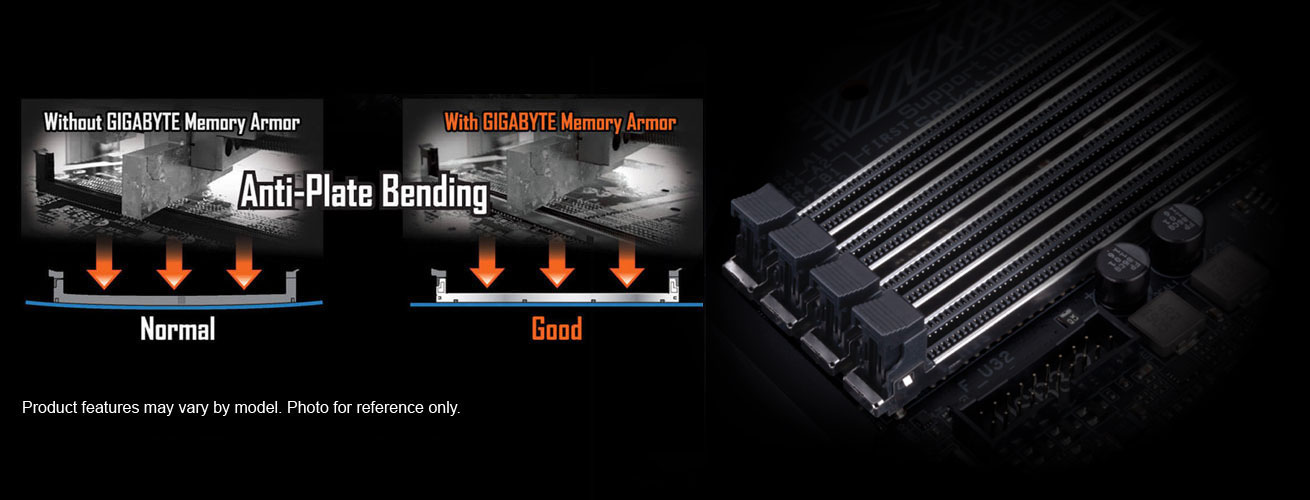 one image splited into two, showing different between with gigabyte memory armor and without