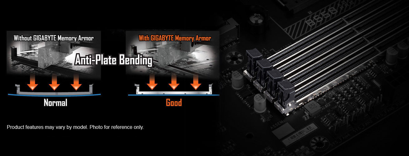 one image splited into two, showing different between with gigabyte memory armor and without