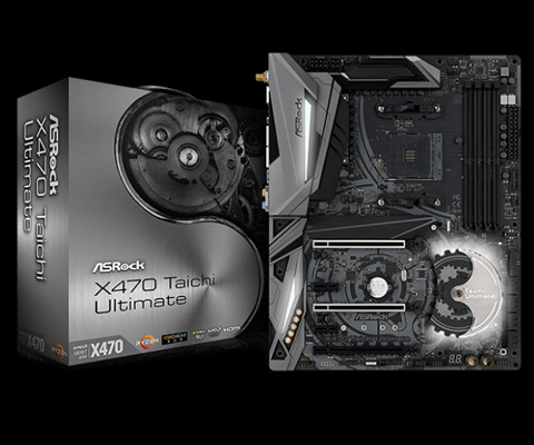 ASRock X470 Motherboard Standing Up, Facing Forward Next to Its box that's angled to the right
