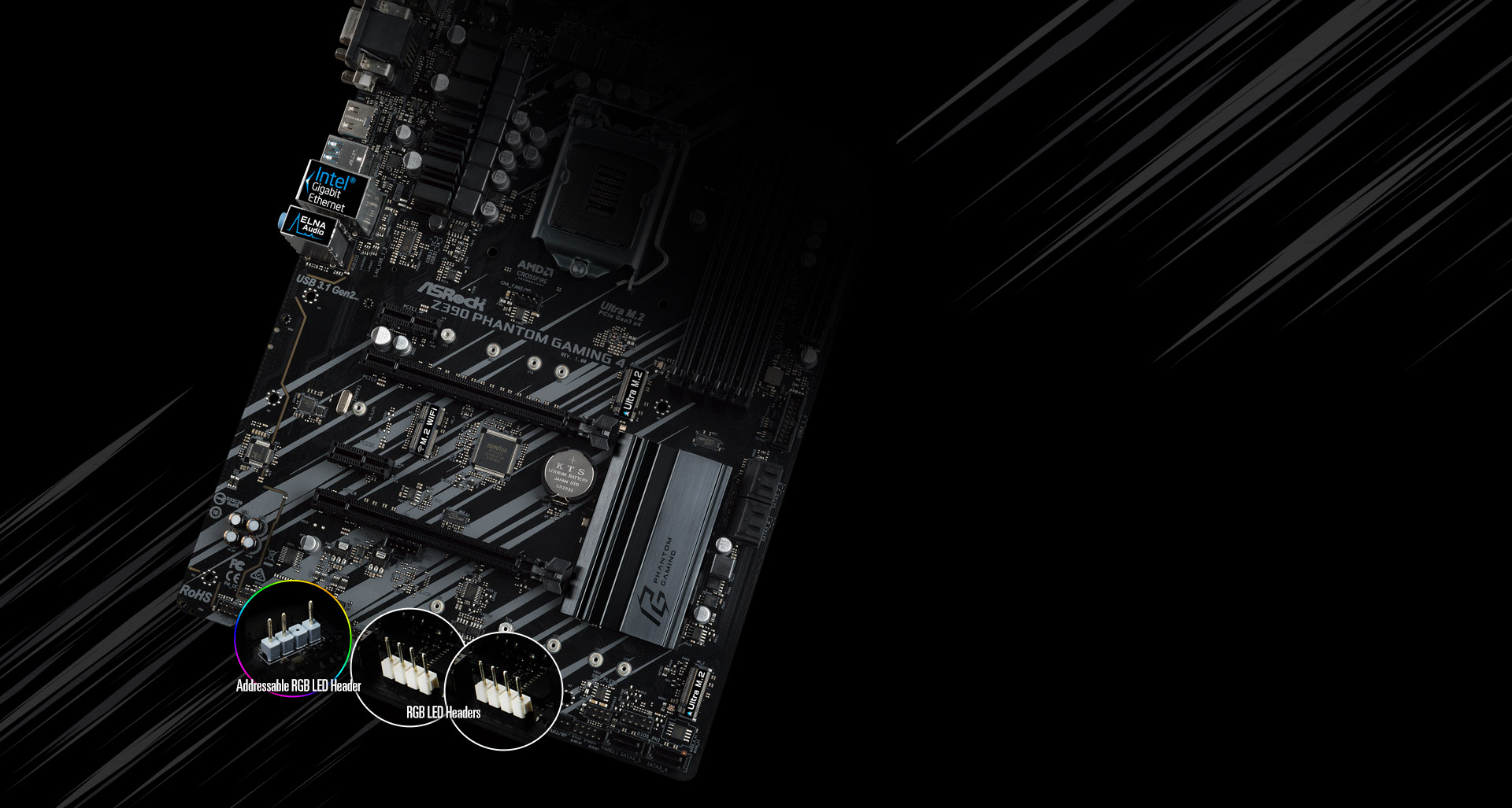 ASRock z390 motherboard angled up to the left, with hotspots on the adressable rgb led header and two rgb led headers