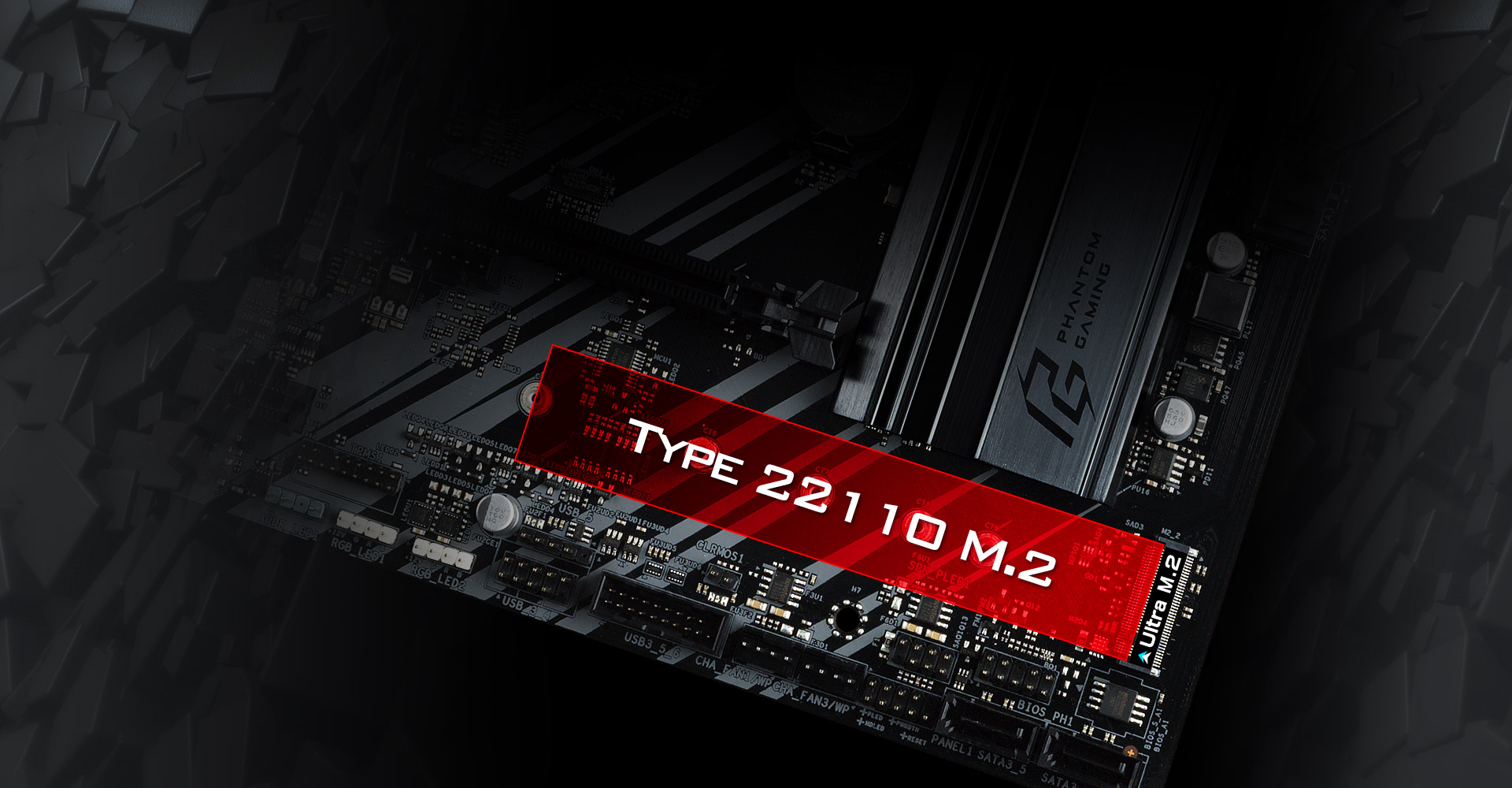 closeup red graphic highlight of the type 22110 m.2 slot on the ASRock z390 motherboard