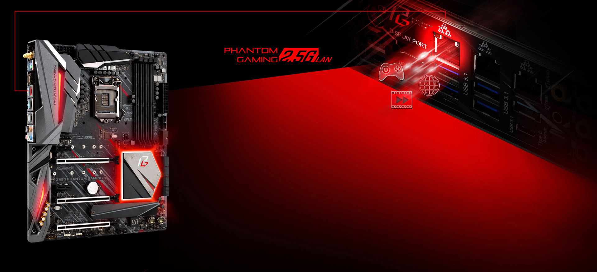 ASRock z390 motherboard standing up next to a closeup graphic of the Phantom gaming 2.5G LAN Port
