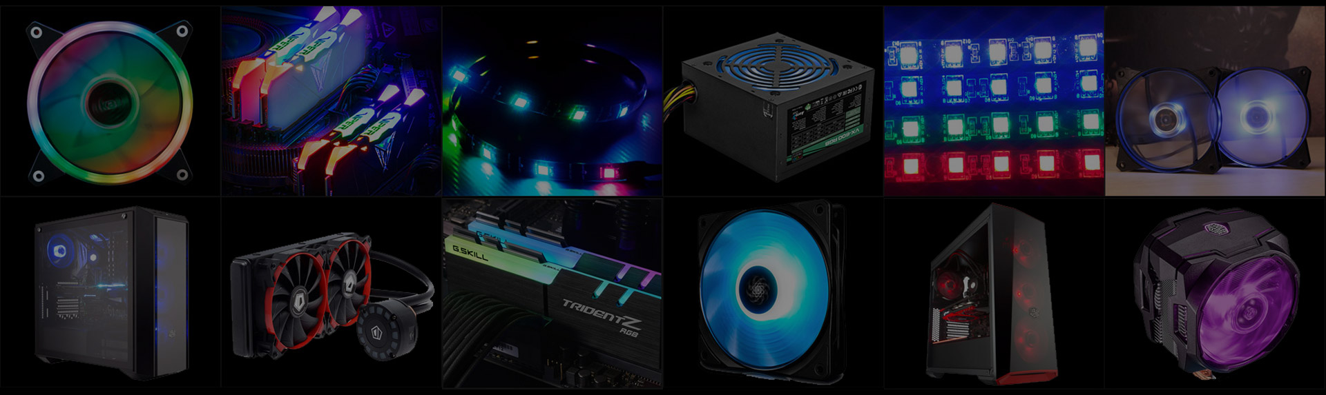 Different RGB lit components including: graphics card, case fans, memory, light strips, power supply and cases with fans installed