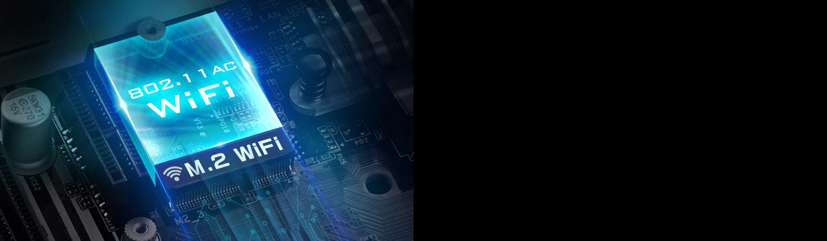 Graphic showing a glowing 802.11ac WiFi M.2 WiFi module on the 