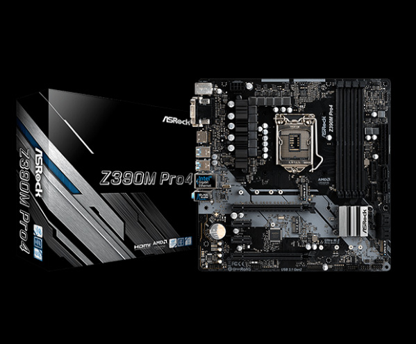 ASRock Z390M Motherboard Facing Forward, Standing Up Next to Its Product Box Angled to the Right