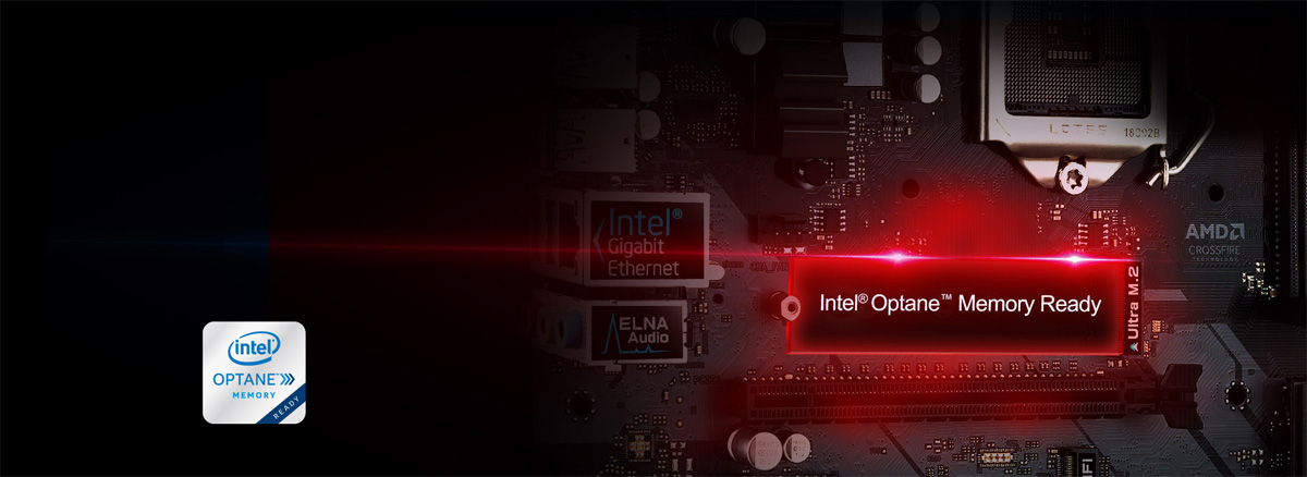 Red Graphic Highlighting the Intel Optane Memory Ultra M.2 Slot on the ASRock Z390M Motherboard, to the left is the Intel Optane Memory Ready badge
