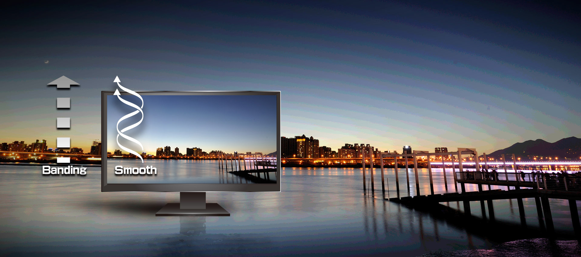 A computer monitor graphic with smooth and banding graphics next to it. The background image is an ocean pier with city lights on at night