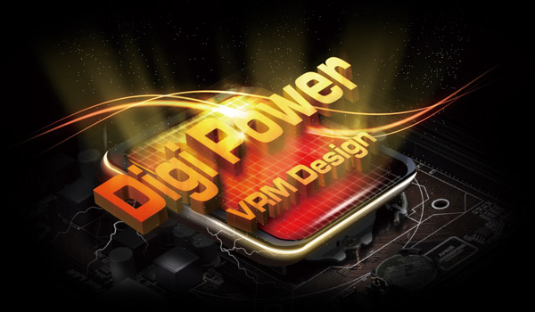 DigiPower VRM Design Logo Over a Motherboard, Angled Up to the Right