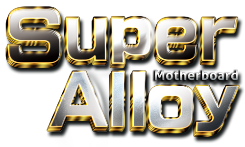 Graphic of a steel background with stylized text that reads: Supper Alloy Motherboard