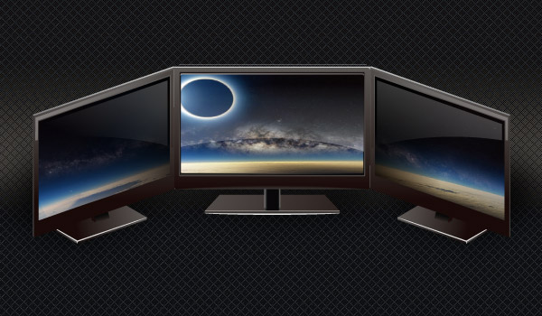 Three monitors sharing an image of a planet in space with an eclipsed sun in the left distance