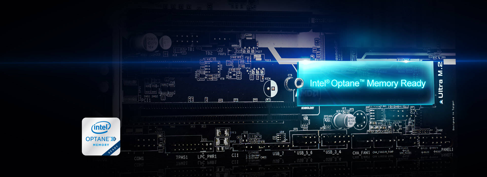 Intel Optane Memory Section Glowing on the Motherboard with its logo to the side