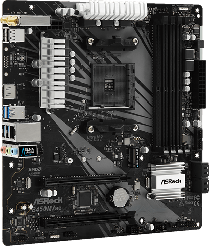 ASRock B450M_ac Motherboard Standing Up, Angled to the Right