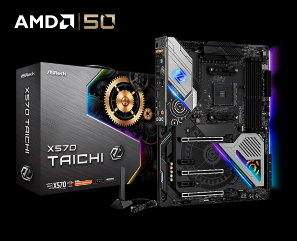 AMD 50 Logo with the ASRock X570 Taichi Motherboard Standing Up, Angled to the Right Next to Its Product Box and WiFi Antenna Attachment