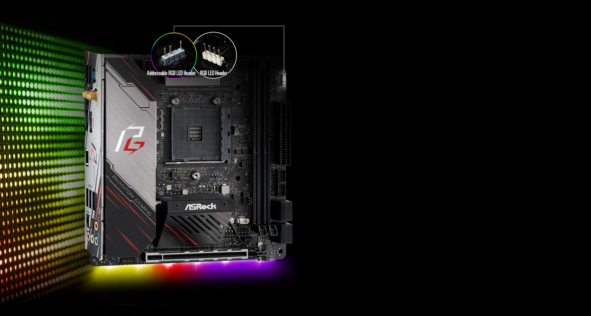 ASRock X570 Phantom Gaming-ITX/TB3 Motherboard Next to a Multi-Color Light Array