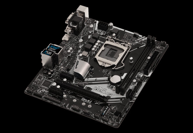 ASRock B365M-HDV Intel Motherboard angled to right