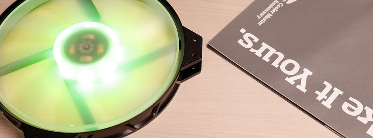 MasterFan MF200R with yellow lighting, spinning on a surface