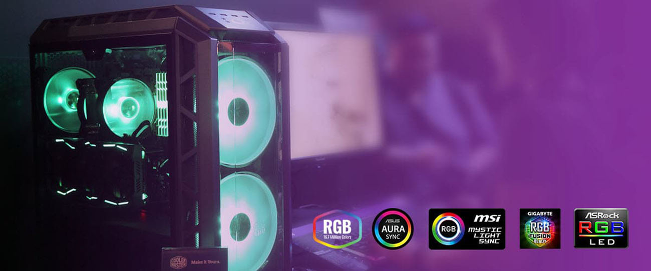 Cooler Master case fans spinning with light green color in a fully-loaded computer case