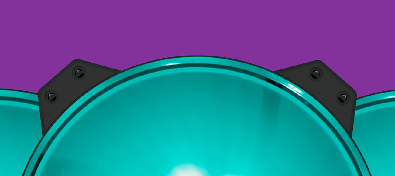 Closeup of the top of three blue spinning Cooler MF200R case fans