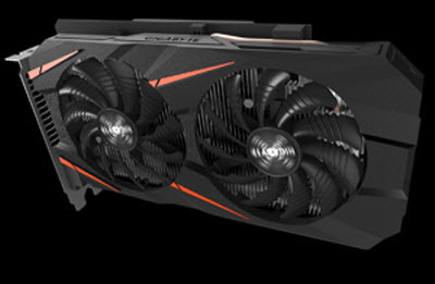 The GIGABYTE GeForce GTX 1060 graphics card turned slightly to the left leaning forward
