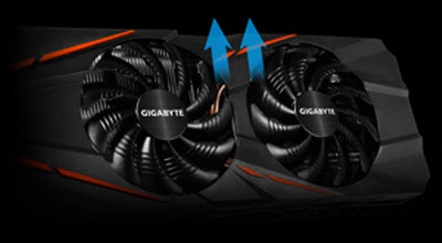 Blue arrows going up on each fan of the GIGABYTE GeForce GTX 1060 graphics card