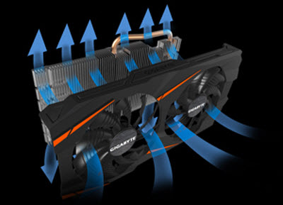 Blue arrows representing air going through the graphics card's fans and heat sink
