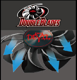 Double Blades Fan Logo and Graphic of the RED DEVIL-branded Fan with Arrows Showing Cold Air Coming Down