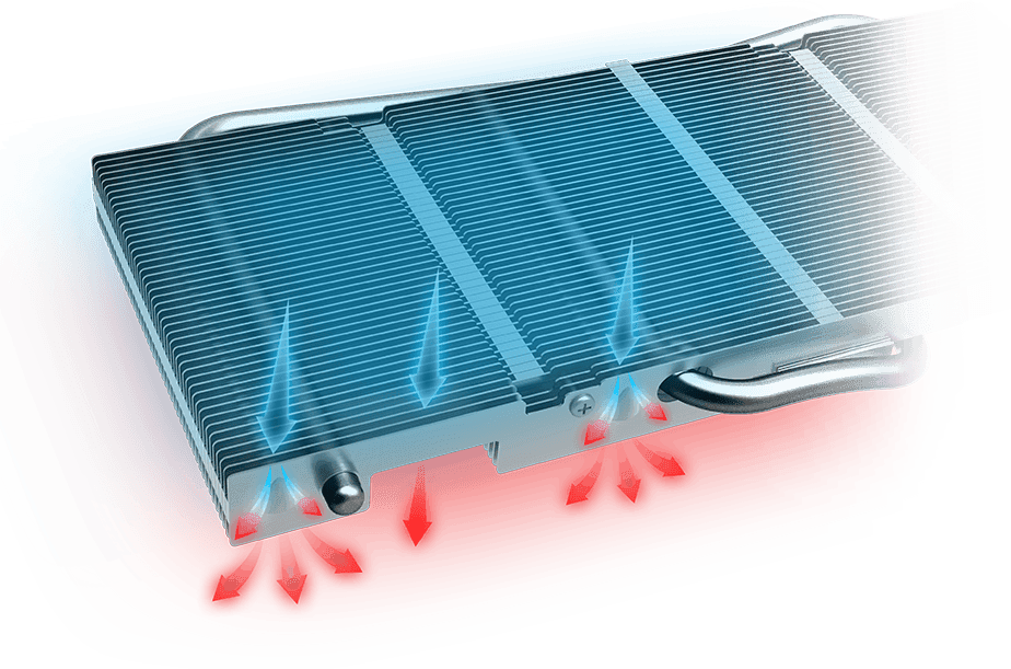 The GTX1660TiARMOR 6GOC graphics card's heat sink with blue and red arrows indicating airflow leaving it