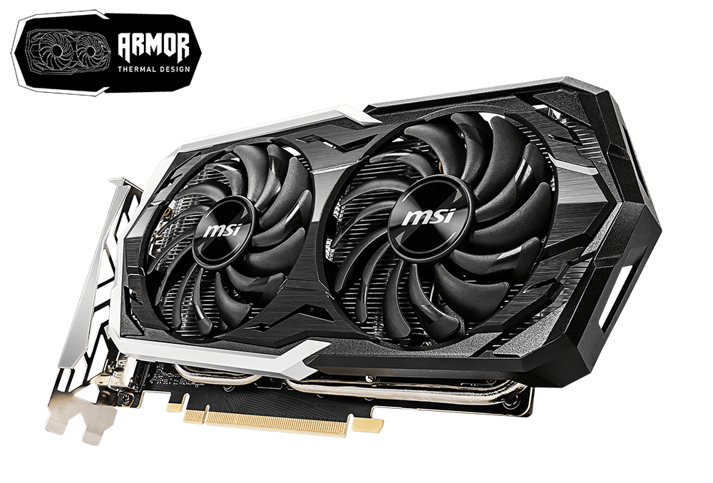 The MSI GTX 1660 Ti ARMOR 6GOC Graphics Card Facing to the left and the armor thermal design logo above it