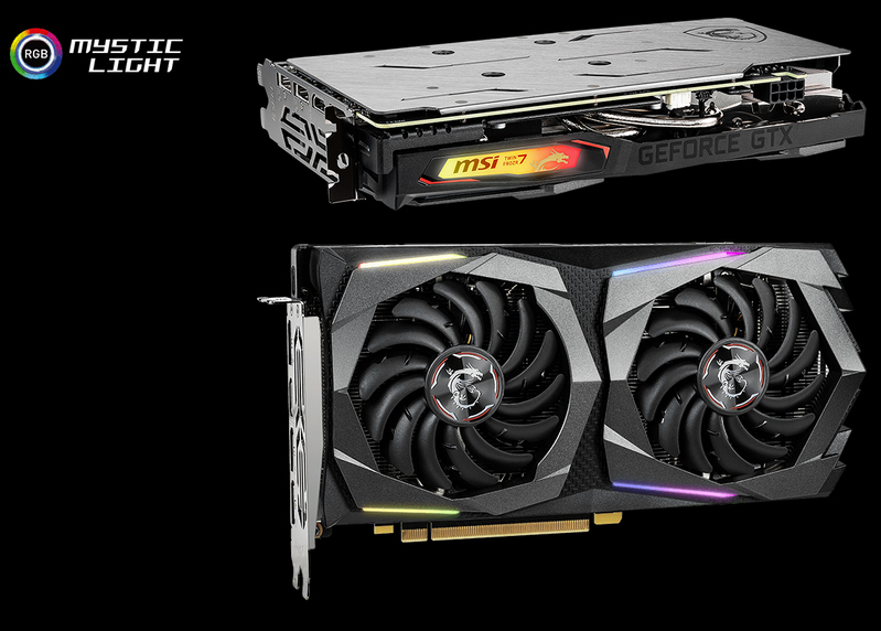 Two MSI GTX 1660 Ti GAMING X 6G graphics card, the top instance is laying down on its front slightly facing to the right and the bottom instance is facing foward. The RGB Mystic Light logo is in the top-left of this image