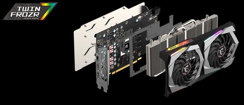 All the parts of the MSI GTX 1660 Ti GAMING X 6G graphics card removed and floating next to each other floating to the left. The TWIN FROZR 7 logo is in the top-left of this image