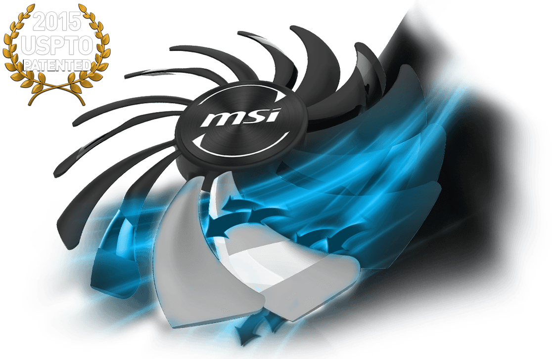 an msi graphics-card fan facing up to the left with blue graphics showing movement. Above the fan is a 2015 USPTO Patented logo